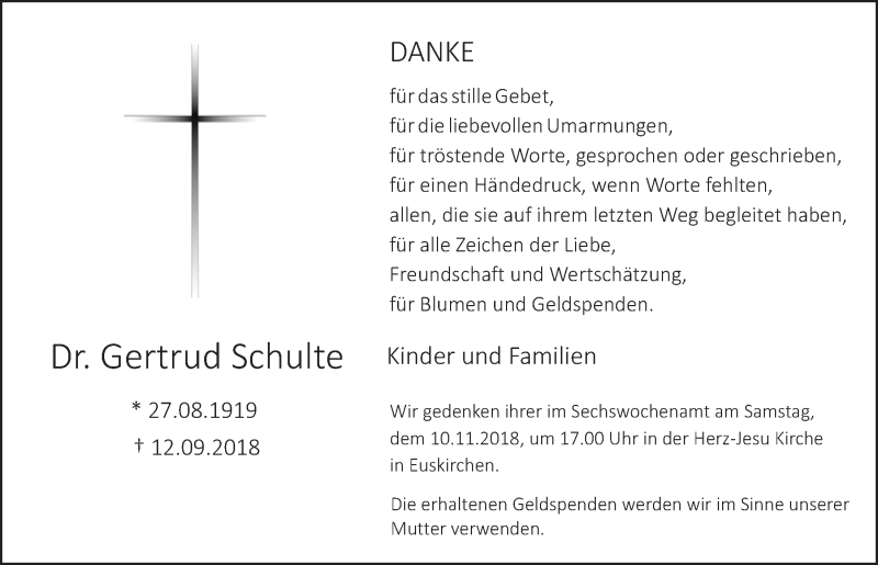  Traueranzeige für Gertrud Schulte vom 03.11.2018 aus  Blickpunkt Euskirchen 