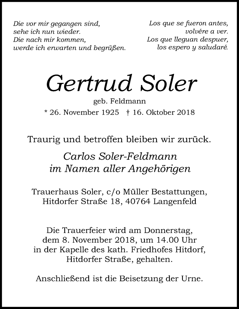  Traueranzeige für Gertrud Soler vom 03.11.2018 aus Kölner Stadt-Anzeiger / Kölnische Rundschau / Express