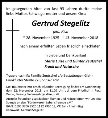 Anzeige von Gertrud Stegelitz von  Kölner Wochenspiegel 