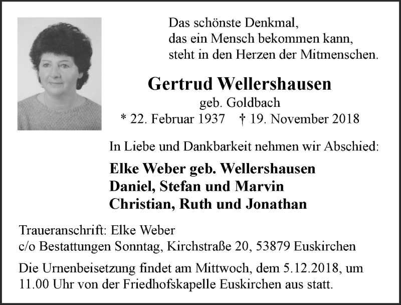  Traueranzeige für Gertrud Wellershausen vom 01.12.2018 aus  Blickpunkt Euskirchen 