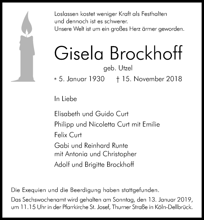  Traueranzeige für Gisela Brockhoff vom 01.12.2018 aus Kölner Stadt-Anzeiger / Kölnische Rundschau / Express