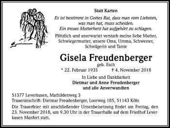 Anzeige von Gisela Freudenberger von Kölner Stadt-Anzeiger / Kölnische Rundschau / Express