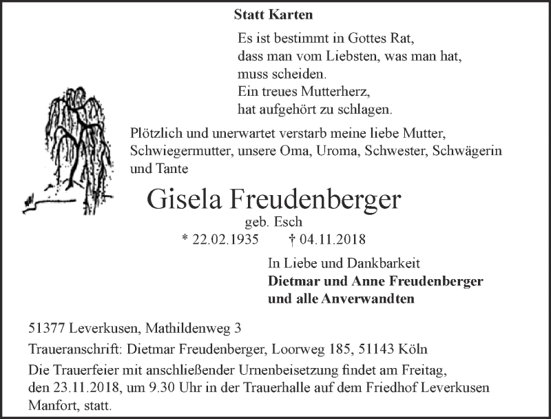  Traueranzeige für Gisela Freudenberger vom 21.11.2018 aus  Lokale Informationen 