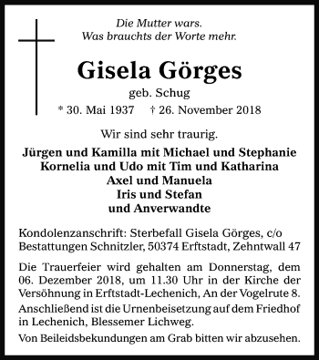 Anzeige von Gisela Görges von Kölner Stadt-Anzeiger / Kölnische Rundschau / Express