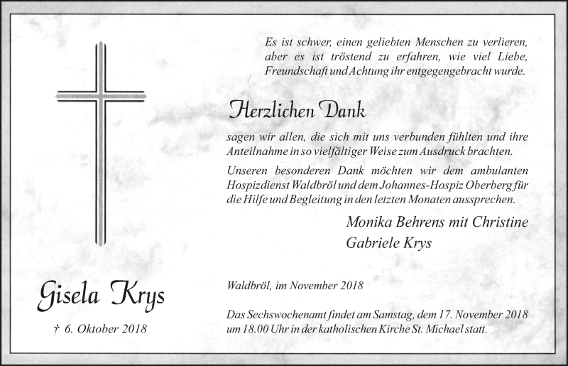  Traueranzeige für Gisela Krys vom 14.11.2018 aus  Lokalanzeiger 