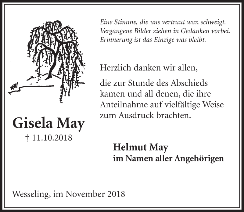  Traueranzeige für Gisela May vom 28.11.2018 aus  Schlossbote/Werbekurier 