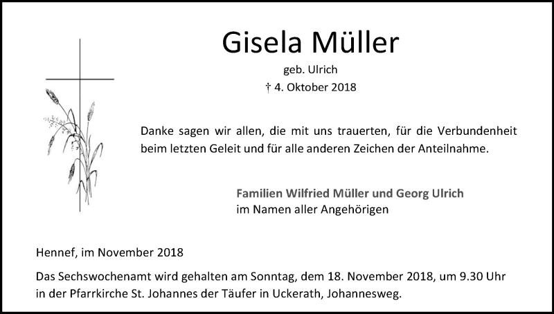  Traueranzeige für Gisela Müller vom 03.11.2018 aus Kölner Stadt-Anzeiger / Kölnische Rundschau / Express