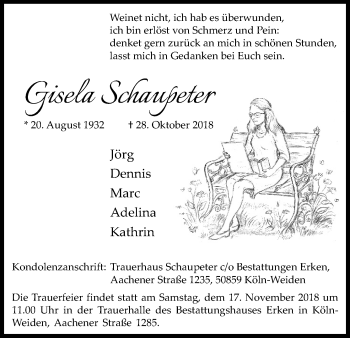 Anzeige von Gisela Schaupeter von Kölner Stadt-Anzeiger / Kölnische Rundschau / Express