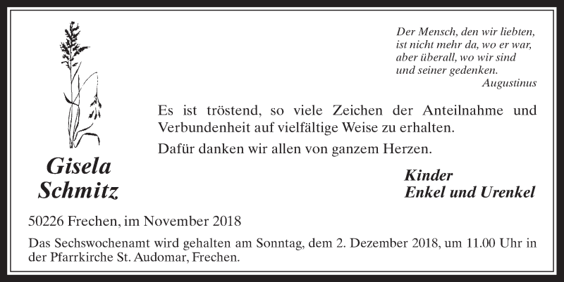 Traueranzeige für Gisela Schmitz vom 28.11.2018 aus  Wochenende 