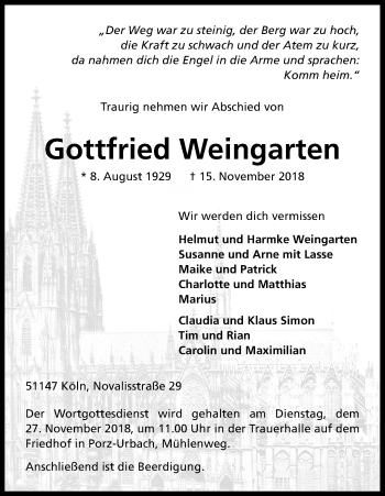Anzeige von Gottfried Weingarten von Kölner Stadt-Anzeiger / Kölnische Rundschau / Express