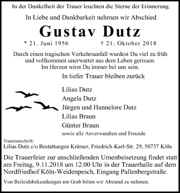 Anzeige von Gustav Dutz von Kölner Stadt-Anzeiger / Kölnische Rundschau / Express