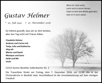 Anzeige von Gustav Helmer von Kölner Stadt-Anzeiger / Kölnische Rundschau / Express