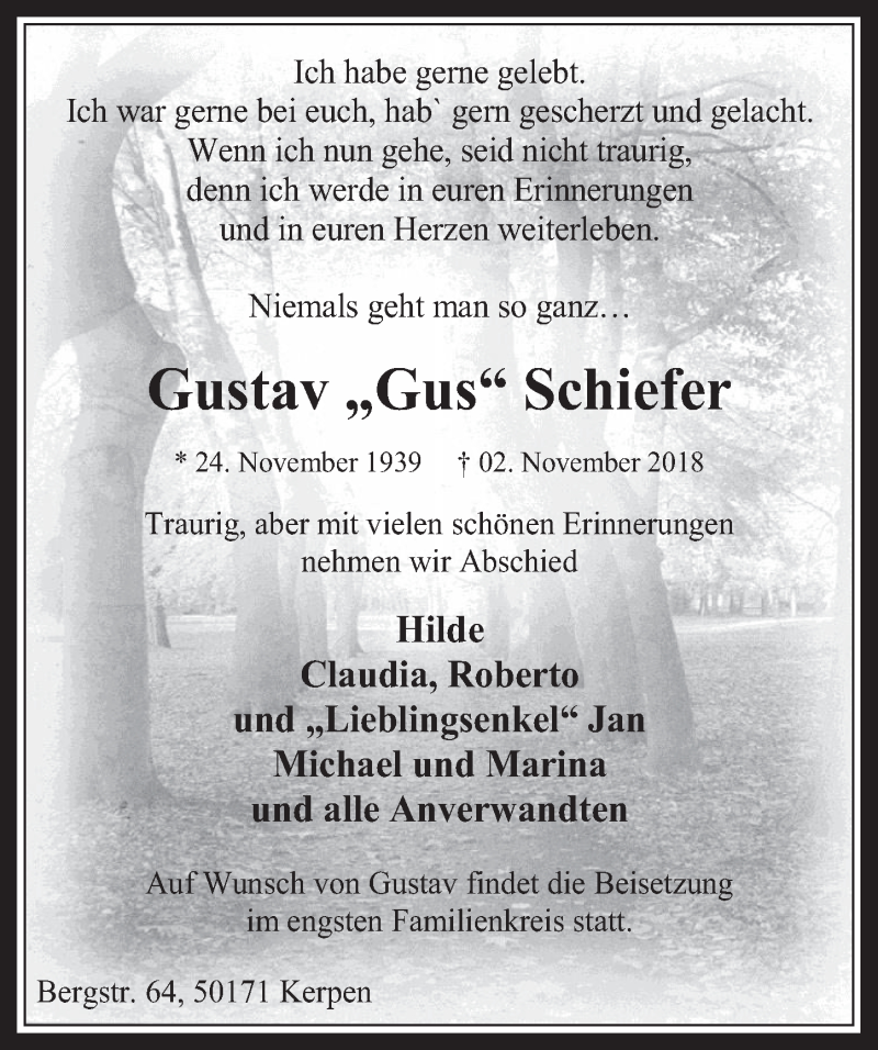  Traueranzeige für Gustav Schiefer vom 14.11.2018 aus  Werbepost 