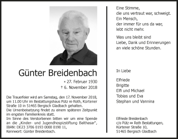 Anzeige von Günter Breidenbach von  Bergisches Handelsblatt 