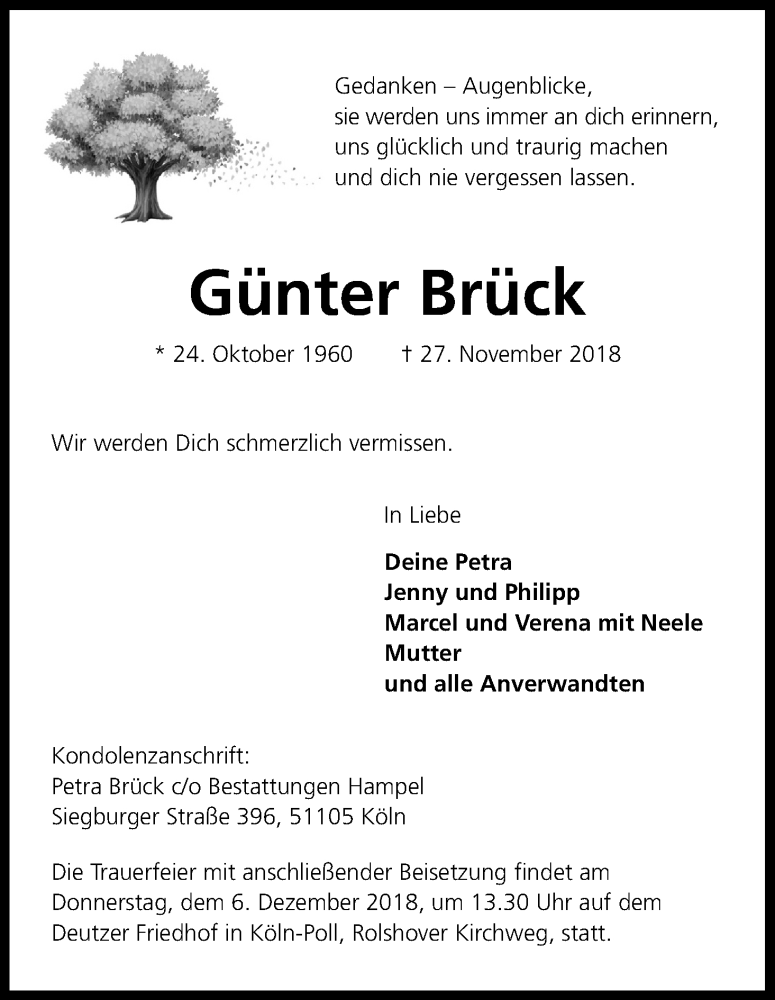  Traueranzeige für Günter Brück vom 01.12.2018 aus Kölner Stadt-Anzeiger / Kölnische Rundschau / Express