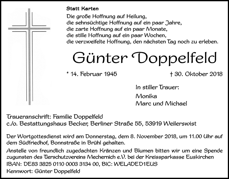  Traueranzeige für Günter Doppelfeld vom 03.11.2018 aus Kölner Stadt-Anzeiger / Kölnische Rundschau / Express