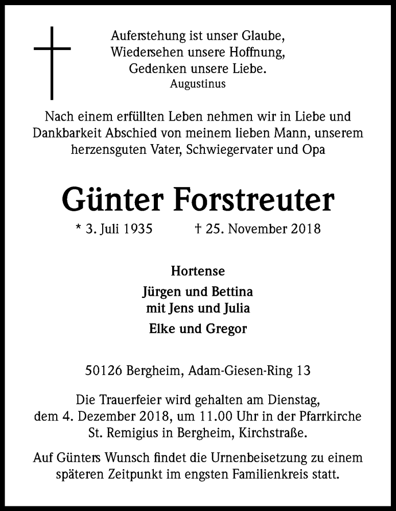  Traueranzeige für Günter Forstreuter vom 28.11.2018 aus Kölner Stadt-Anzeiger / Kölnische Rundschau / Express