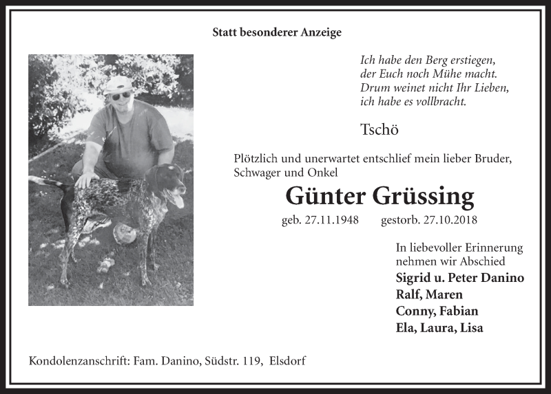  Traueranzeige für Günter Grüssing vom 03.11.2018 aus  Sonntags-Post 