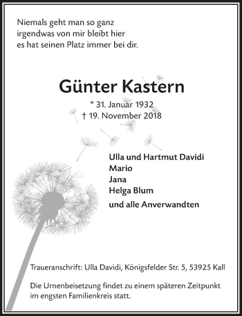 Anzeige von Günter Kastern von  Bergisches Handelsblatt 