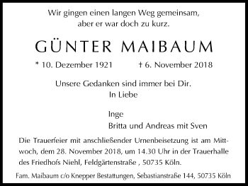 Anzeige von Günter Maibaum von Kölner Stadt-Anzeiger / Kölnische Rundschau / Express