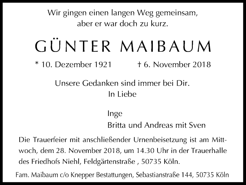  Traueranzeige für Günter Maibaum vom 24.11.2018 aus Kölner Stadt-Anzeiger / Kölnische Rundschau / Express