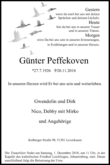 Anzeige von Günter Pfeffekoven von Kölner Stadt-Anzeiger / Kölnische Rundschau / Express