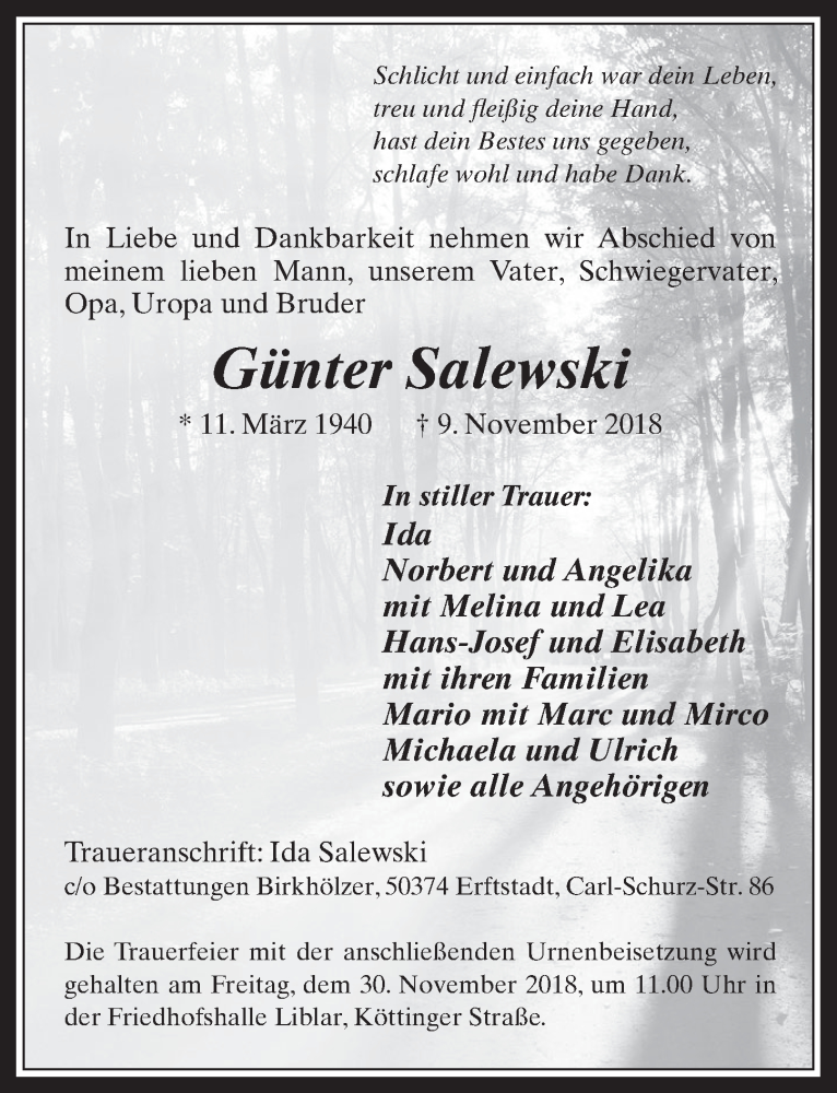  Traueranzeige für Günter Salewski vom 28.11.2018 aus  Werbepost 