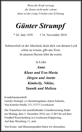 Anzeige von Günter Strumpf von Kölner Stadt-Anzeiger / Kölnische Rundschau / Express