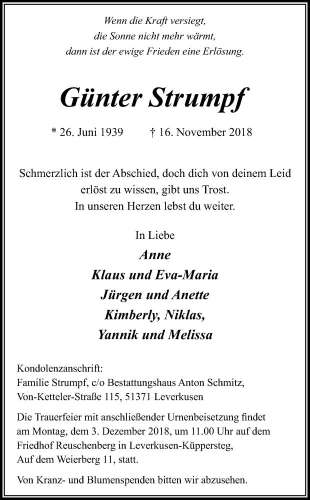  Traueranzeige für Günter Strumpf vom 28.11.2018 aus Kölner Stadt-Anzeiger / Kölnische Rundschau / Express