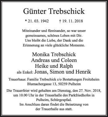 Anzeige von Günter Trebschick von  Sonntags-Post 