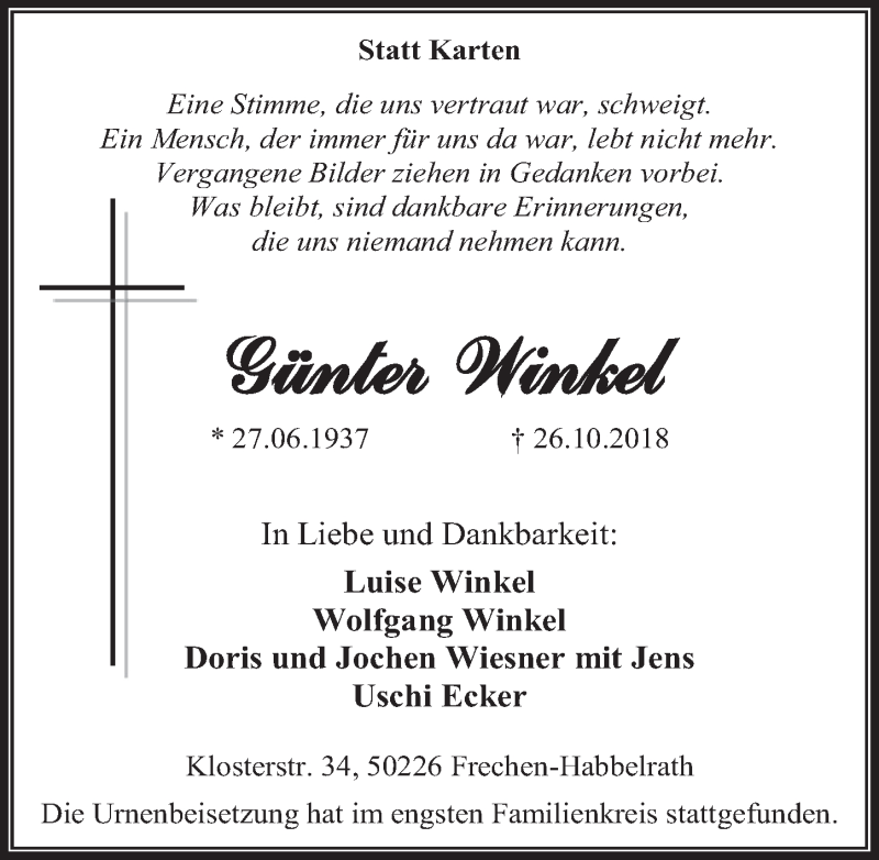  Traueranzeige für Günter Winkel vom 14.11.2018 aus  Wochenende 