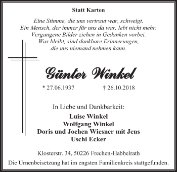 Anzeige von Günter Winkel von  Wochenende 