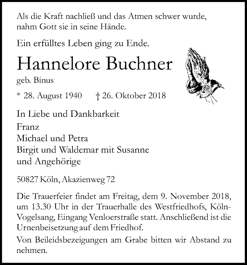  Traueranzeige für Hannelore Buchner vom 07.11.2018 aus Kölner Stadt-Anzeiger / Kölnische Rundschau / Express