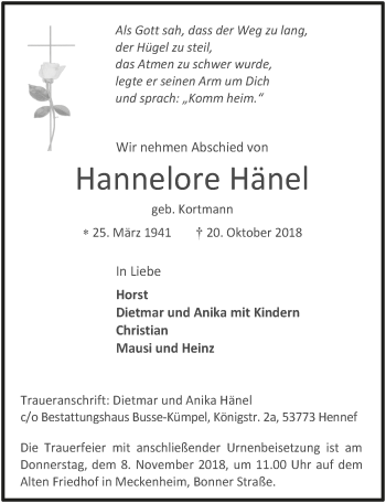 Anzeige von Hannelore Hänel von  Schaufenster/Blickpunkt am Wochenende 
