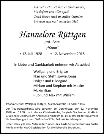 Anzeige von Hannelore Rüttgen von Kölner Stadt-Anzeiger / Kölnische Rundschau / Express