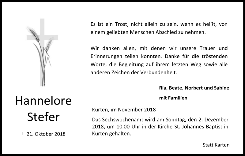  Traueranzeige für Hannelore Stefer vom 17.11.2018 aus Kölner Stadt-Anzeiger / Kölnische Rundschau / Express