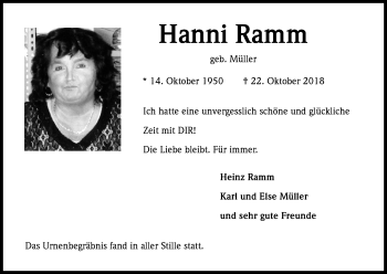 Anzeige von Hanni Ramm von Kölner Stadt-Anzeiger / Kölnische Rundschau / Express