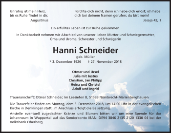 Anzeige von Hanni Schneider von Kölner Stadt-Anzeiger / Kölnische Rundschau / Express