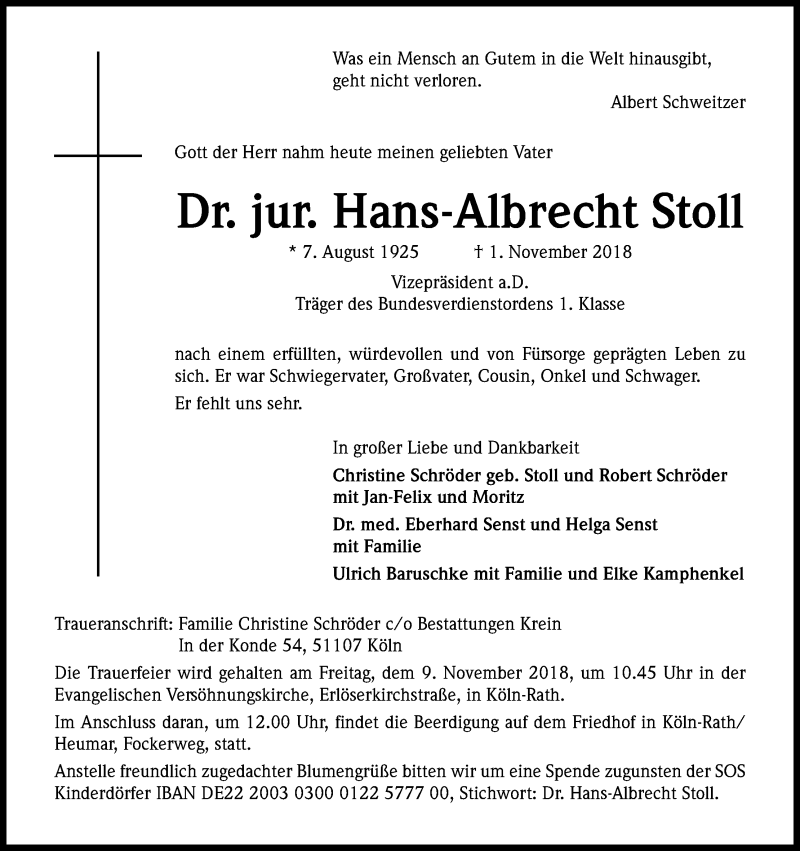  Traueranzeige für Hans-Albrecht Stoll vom 03.11.2018 aus Kölner Stadt-Anzeiger / Kölnische Rundschau / Express