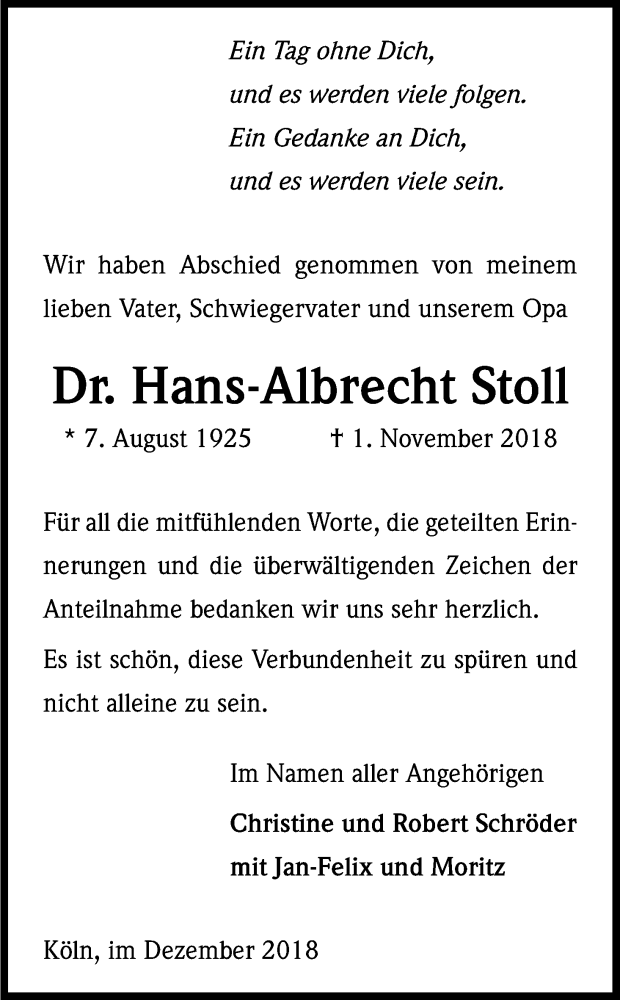  Traueranzeige für Hans-Albrecht Stoll vom 01.12.2018 aus Kölner Stadt-Anzeiger / Kölnische Rundschau / Express
