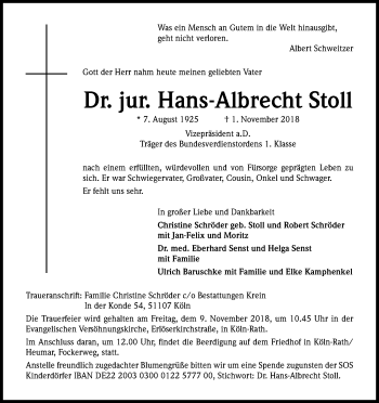 Anzeige von Hans-Albrecht Stoll von Kölner Stadt-Anzeiger / Kölnische Rundschau / Express