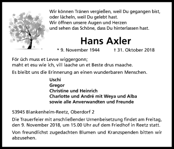 Anzeige von Hans Axler von Kölner Stadt-Anzeiger / Kölnische Rundschau / Express