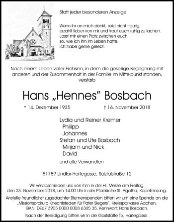 Anzeige von Hans Bosbach von Kölner Stadt-Anzeiger / Kölnische Rundschau / Express