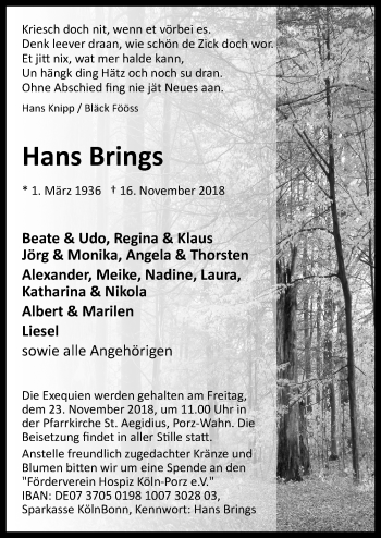 Anzeige von Hans Brings von  Kölner Wochenspiegel 
