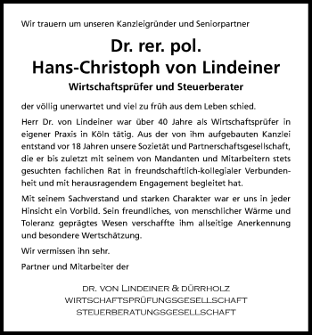 Anzeige von Hans-Christoph von Lindeiner von Kölner Stadt-Anzeiger / Kölnische Rundschau / Express