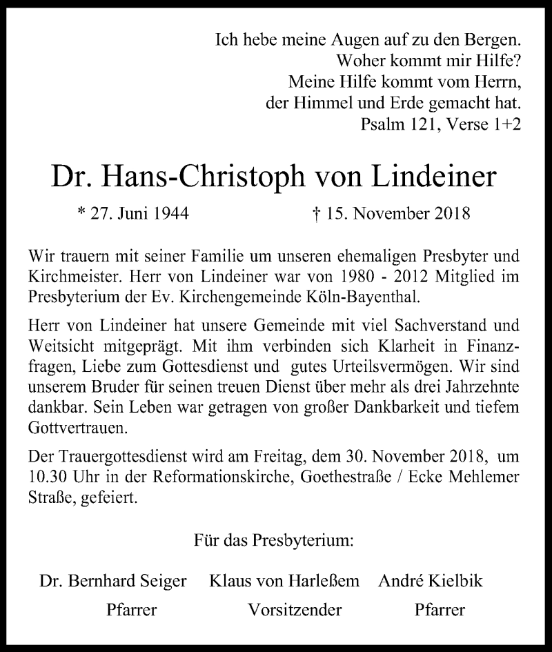  Traueranzeige für Hans-Christoph von Lindeiner vom 24.11.2018 aus Kölner Stadt-Anzeiger / Kölnische Rundschau / Express