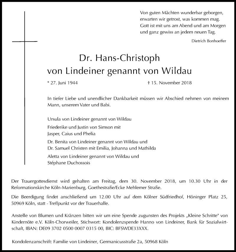  Traueranzeige für Hans-Christoph von Lindeiner vom 24.11.2018 aus Kölner Stadt-Anzeiger / Kölnische Rundschau / Express