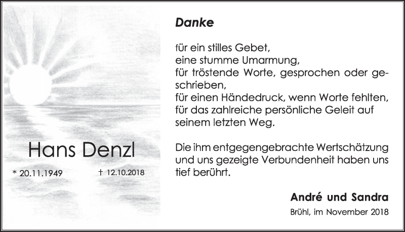  Traueranzeige für Hans Denzl vom 14.11.2018 aus  Schlossbote/Werbekurier 