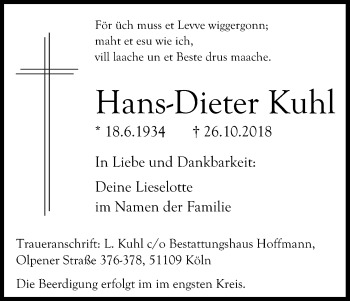 Anzeige von Hans-Dieter Kuhl von Kölner Stadt-Anzeiger / Kölnische Rundschau / Express