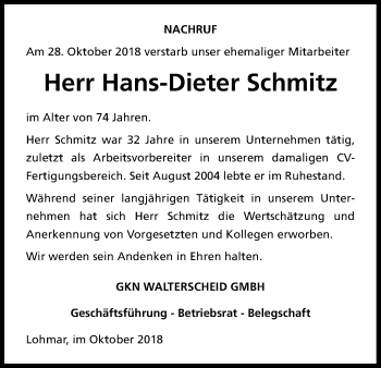 Anzeige von Hans-Dieter Schmitz von Kölner Stadt-Anzeiger / Kölnische Rundschau / Express